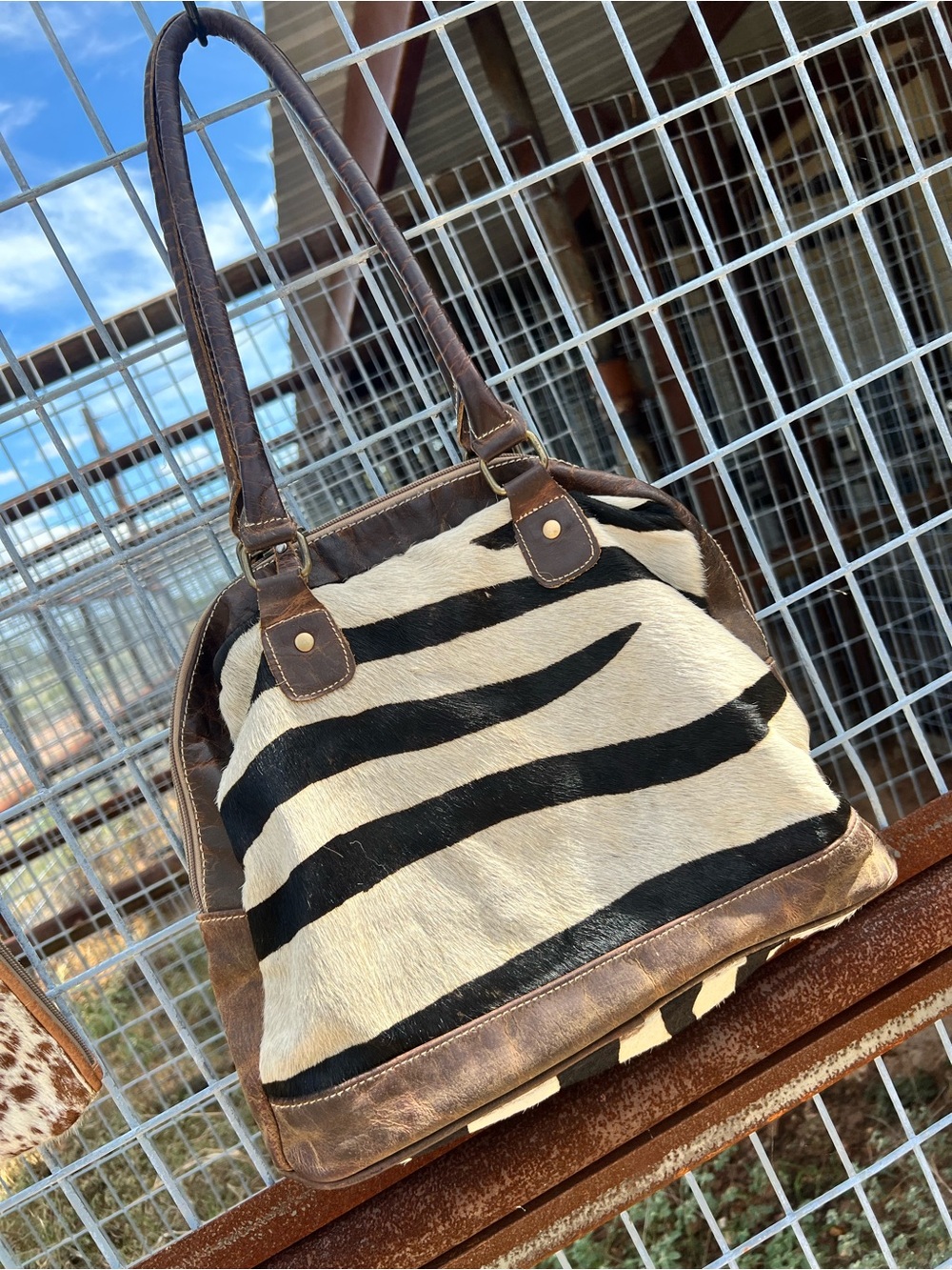 Myra Bag Brown Leather Shoulder Tote with Black and Cream Zebra Stripes